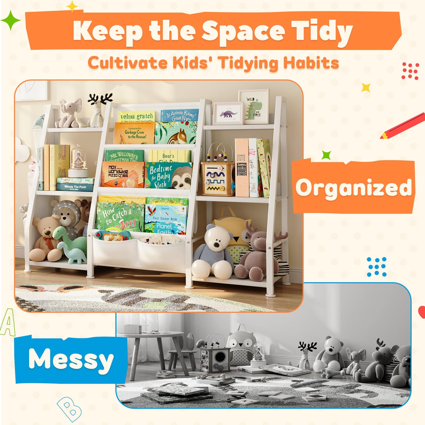 GoTiling Kids Bookshelf and Toy Storage Organizer: 3-Tier Sling Book Shelf with 3 Side Pockets for Kids Room - Toy Storage Organizer with 2 Fabric Drawers for Nursery, Bedroom, Playroom
