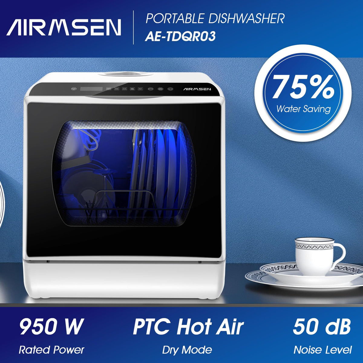 AIRMSEN Mini Table Top Dishwasher - Upgraded 6 Programs, Green