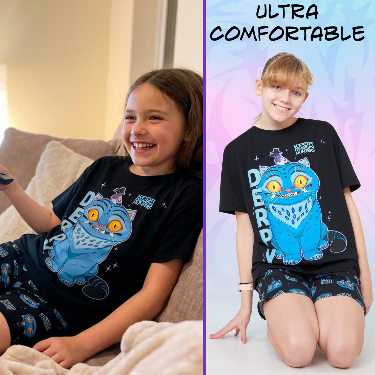 KPop Demon Hunters Official Girls Pyjama Set 5-14 Yrs, 2 Pcs Pjs Shorts & T-shirt, Huntrix Saja Boys Derpy Tiger Merch Gifts