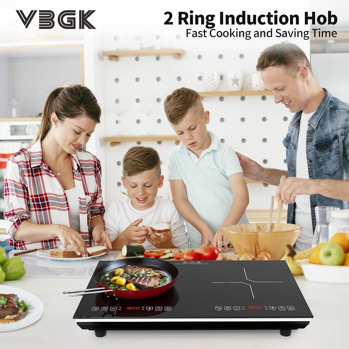 VBGK Double Electric Hob, 220V 3600W Ceramic Hob with Handle, Electric Hot Plate with 9 Power Levels, Child Safety Lock, Timer,Knob and Touch Control, 2 Burner Cooktop