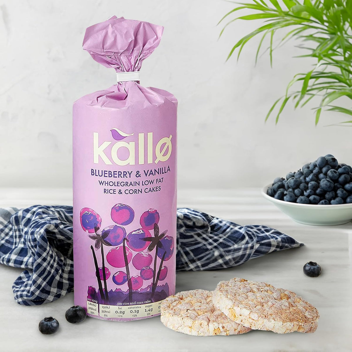 Kallo Blueberry & Vanilla Corn & Rice Cakes, Wholegrain Low Fat Healthy Snacks for Adults & Children, Vegan Friendly, Gluten Free, No Artificial Flavours or Preservatives, Single Pack – 1 x 131g
