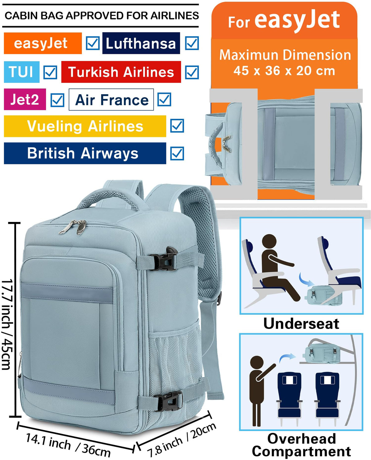 KLOSTAIN Cabin Bags 40x20x25 for Ryanair Underseat Travel Backpack Hand Luggage Carry-ons Bag Cabin Size 20L for Airplanes Flight Ruscksack Black