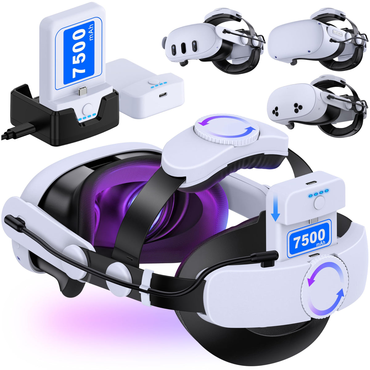 Comfortable Head Strap for Meta Quest 3S/3/2 with 7500mAh LED Display Battery Bank,VR Headset Elite Strap Replacement,All-Directional Adjustable Oculus Headstrap,Enhanced Support & Reduce Pressure