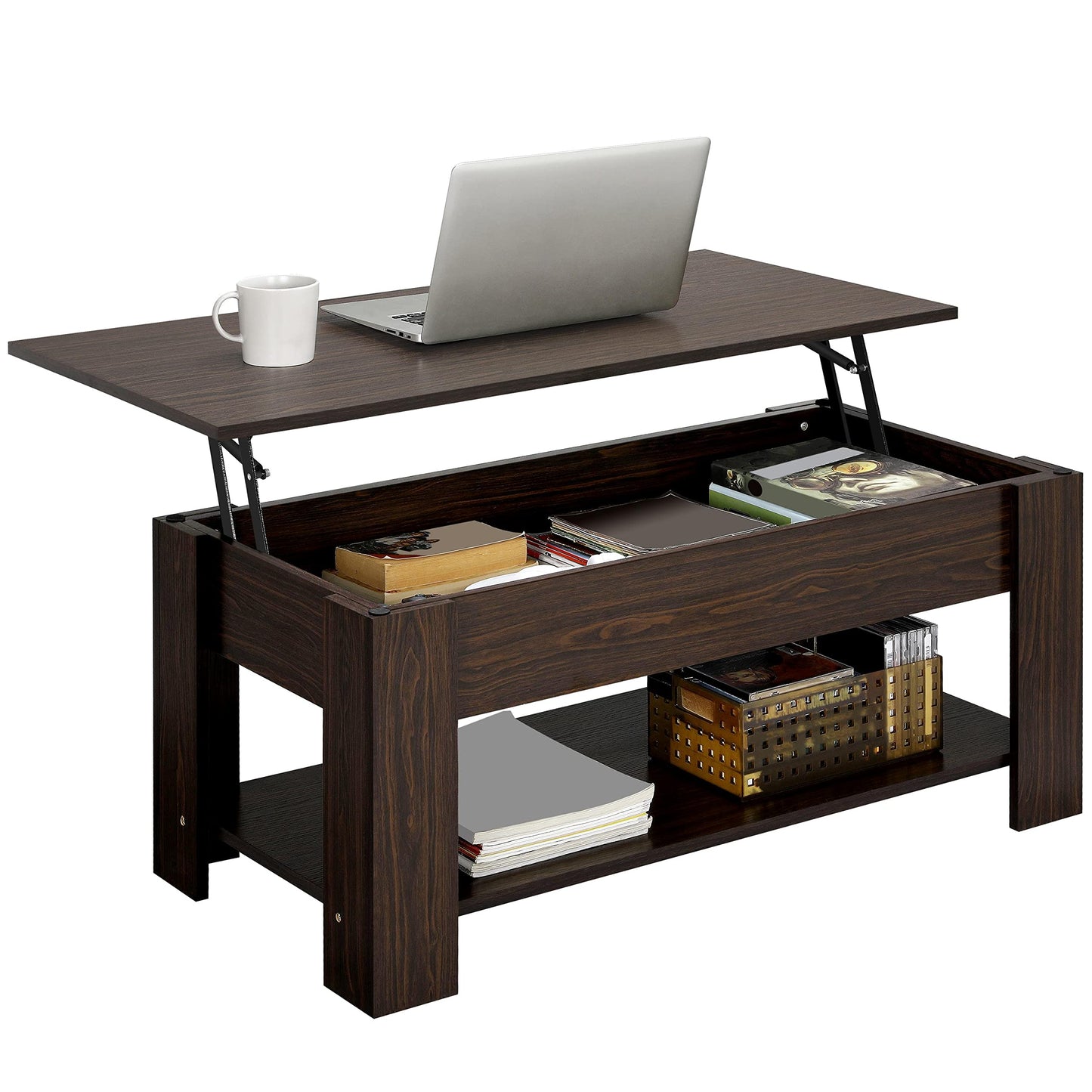 Yaheetech Lift Up Coffee Table, Wooden Lifting Coffee Table with Hidden Storage Drawer and Open Shelf, Space-saving Tea Tables for Living Room/Reception, Espresso