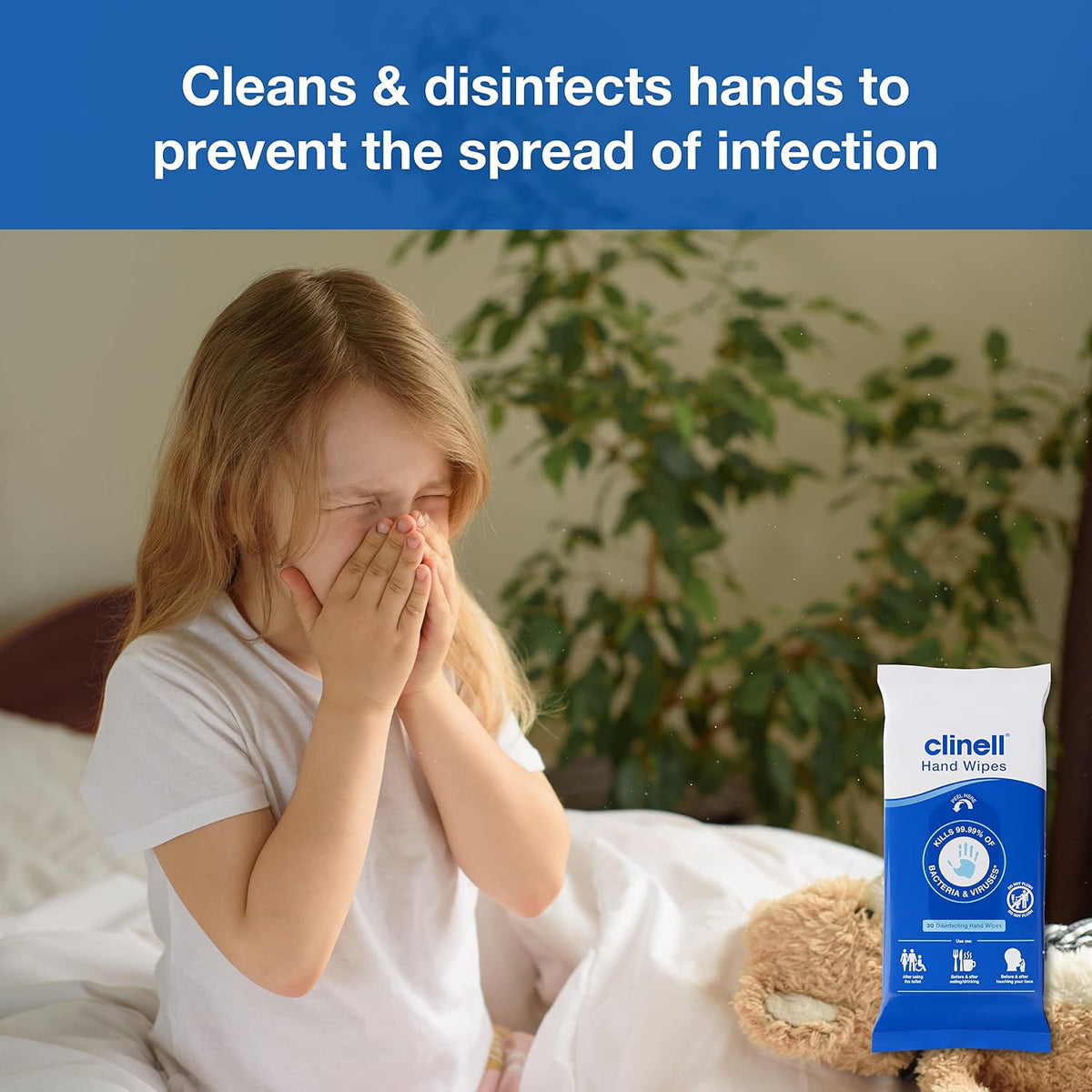 Clinell Antimicrobial Hand Wipes - Sanitising for Cleaning & Disinfecting, Travel-Friendly - Dermatologically Tested, Kills 99.99% of Bacteria & Viruses - Pack of 30, Blue