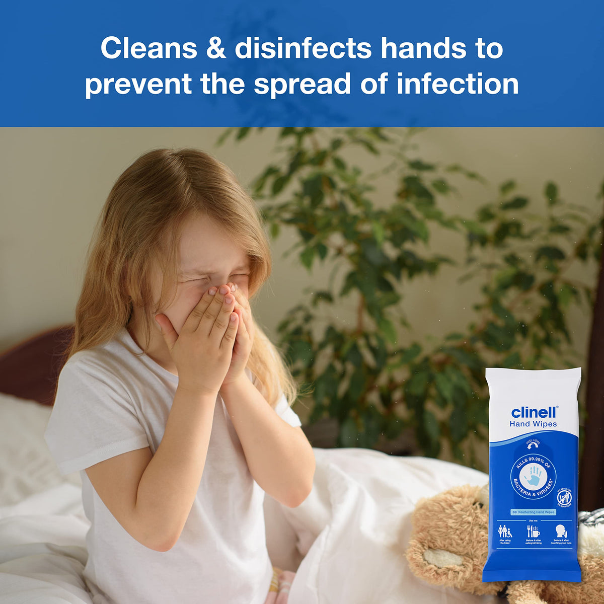 Clinell Antimicrobial Hand Wipes - Sanitising for Cleaning & Disinfecting, Travel-Friendly - Dermatologically Tested, Kills 99.99% of Bacteria & Viruses - Pack of 30, Blue