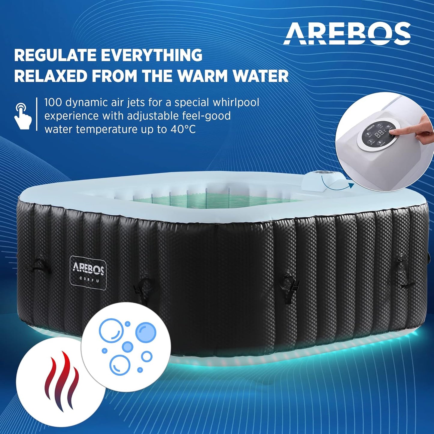 Arebos Inflatable Hot Tub | Indoor & Outdoor Spa Pool | 154 x 154 cm | with LED lighting | square |4 persons | 100 massage jets | with heating | 600 L | Incl. cover | Bubble Spa & Wellness Massage