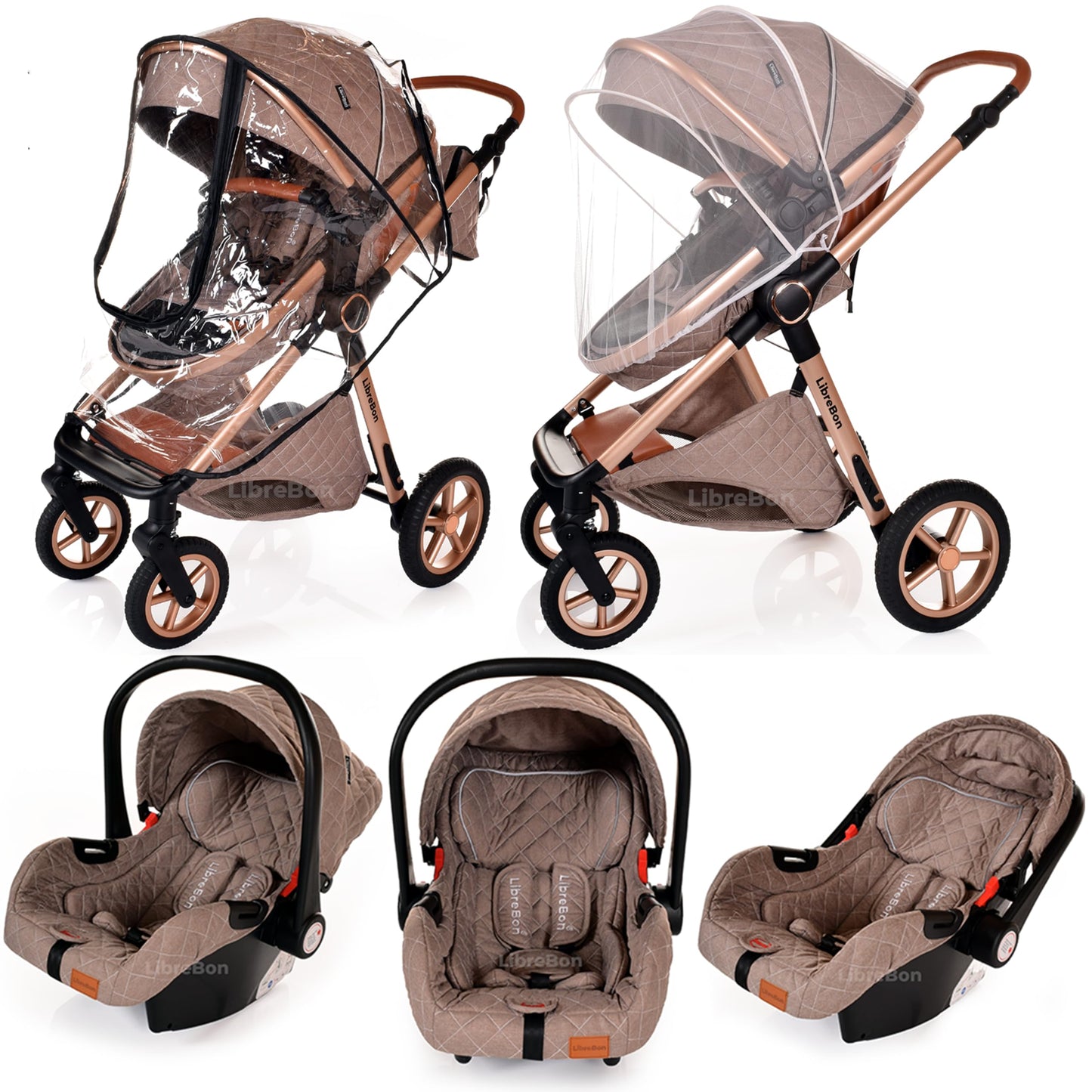 Baby Buggy Pram Pushchair Stroller 3 in 1 Child Lightweight Folding Stroller 3 in 1 Travel System Pram for Newborns & Toddlers from Birth Aluminum (Beige - Rose Gold Frame)