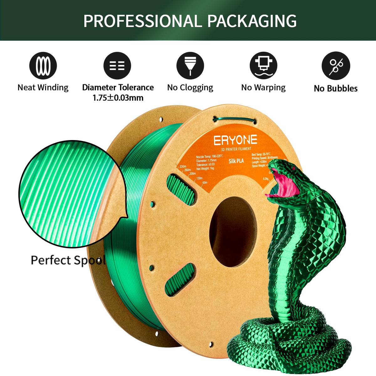 ERYONE Silk PLA Filament 1.75mm,3D Printer Filament PLA,Shiny Glossy PLA Filament,+/-0.03mm,1kg(2.2lbs)/Spool,Silk Liquid Gold