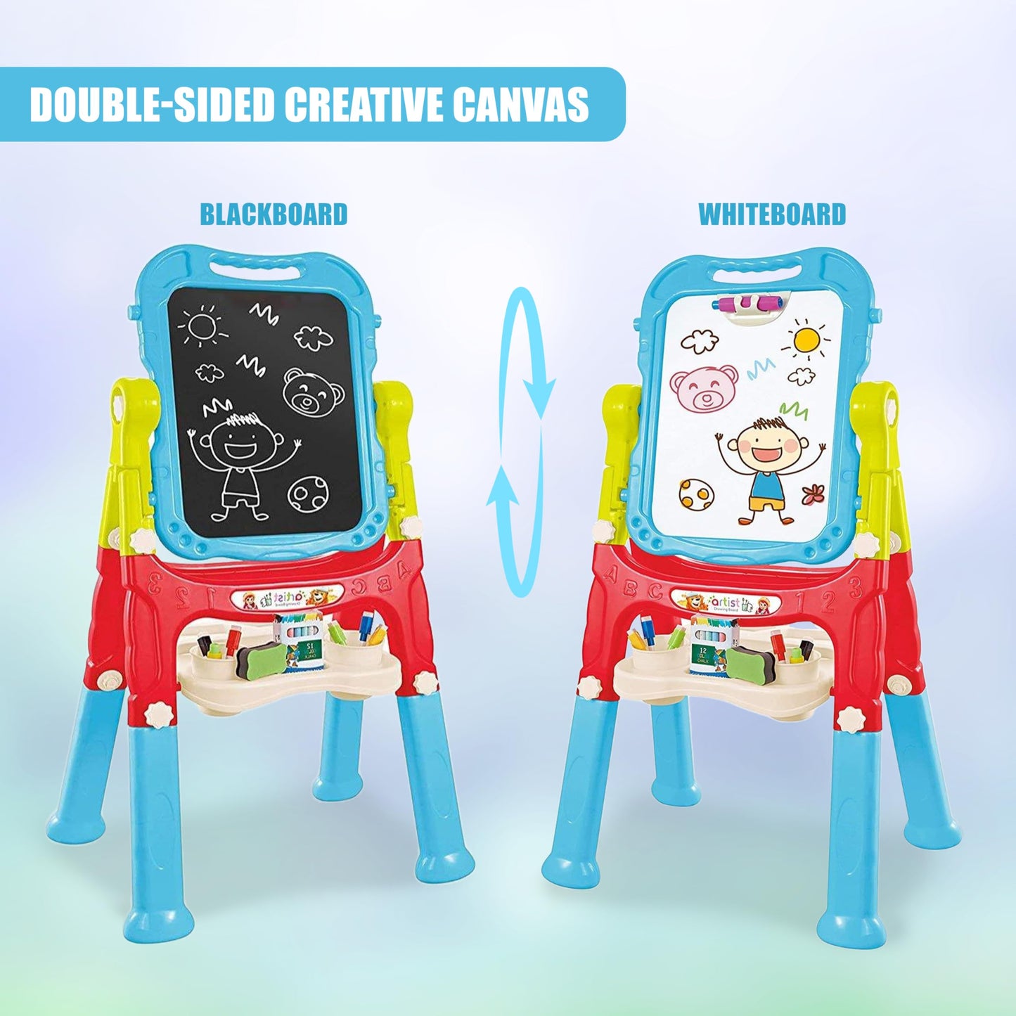 The Magic Toy Shop Kids Folding Double-Sided Magnetic Easel - 360° Rotating & Removable Drawing Board with Blackboard & Whiteboard - Magnets, Chalks, Markers, Stand - Art, Painting, & Writing (Pink)