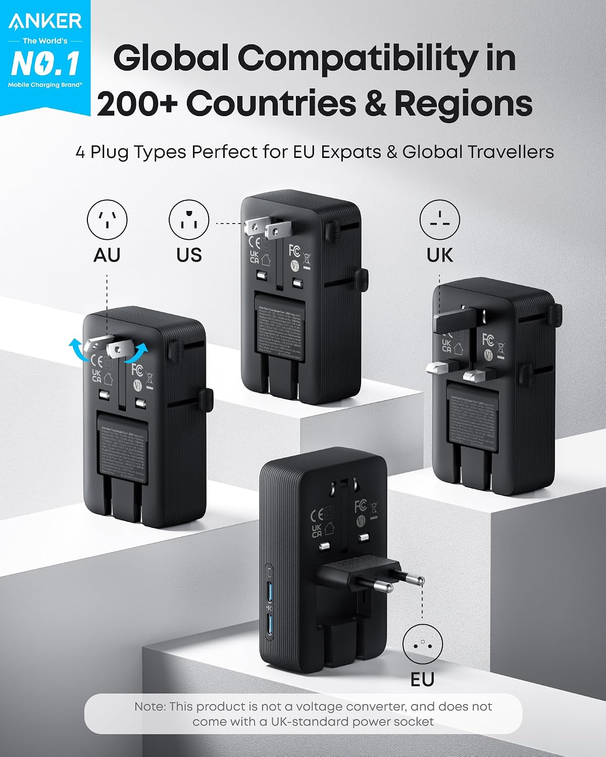 Anker Universal Travel Adapter 5-in-1 for UK/EU/US/AU, 20W USB-C + 4 USB Ports, Compact Power Plug Converter with AC Socket for 200+ Countries | Ideal for UK Travel & EU Expats (Black)