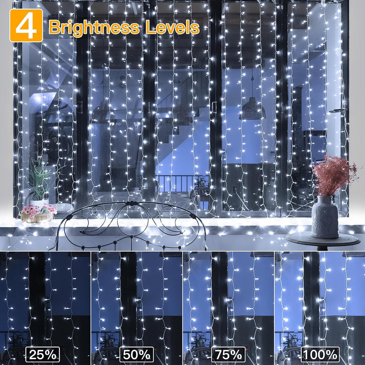 Ollny Curtain Fairy Lights, 300LED 3mx3m Waterfall Hanging String Lights