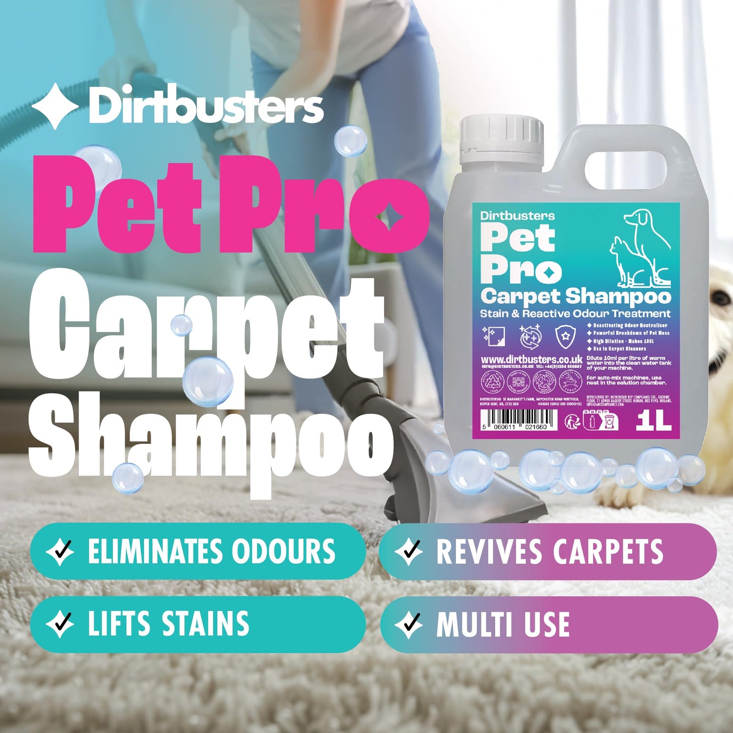 Dirtbusters Pet Pro Carpet Cleaner Shampoo Solution (5L) Deep Cleaning Stain Remover With Odour Neutraliser To Remove Dog & Cat Urine, Makes 500L Of Carpet Cleaner Solution