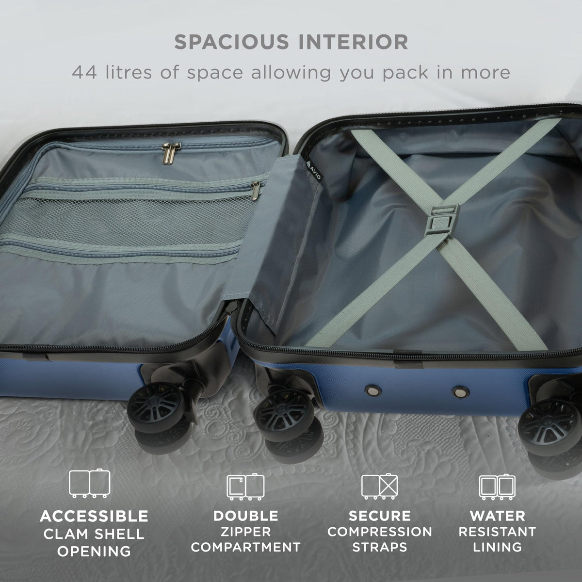 Avio Carry-On Cabin Luggage 55x40x20cm | Hard Shell Suitcase 4 Wheels