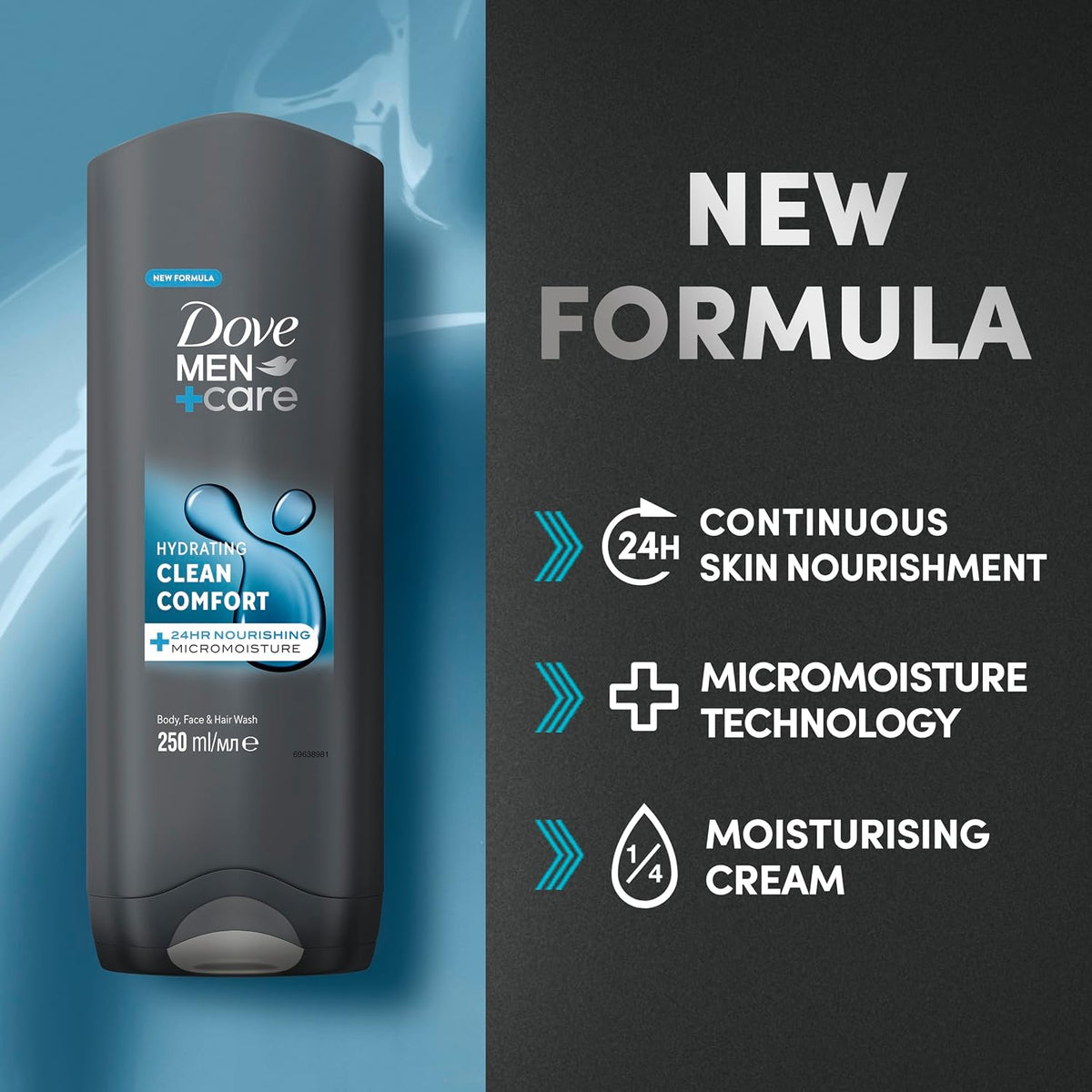 Dove Men+Care Hydrating Clean Comfort Men's 3-in-1 Hair, Face and Body Wash Body Cleanser Shower Gel with 24 hour nourishing MicroMoisture technology for relaxed and re-energised skin 250 ml