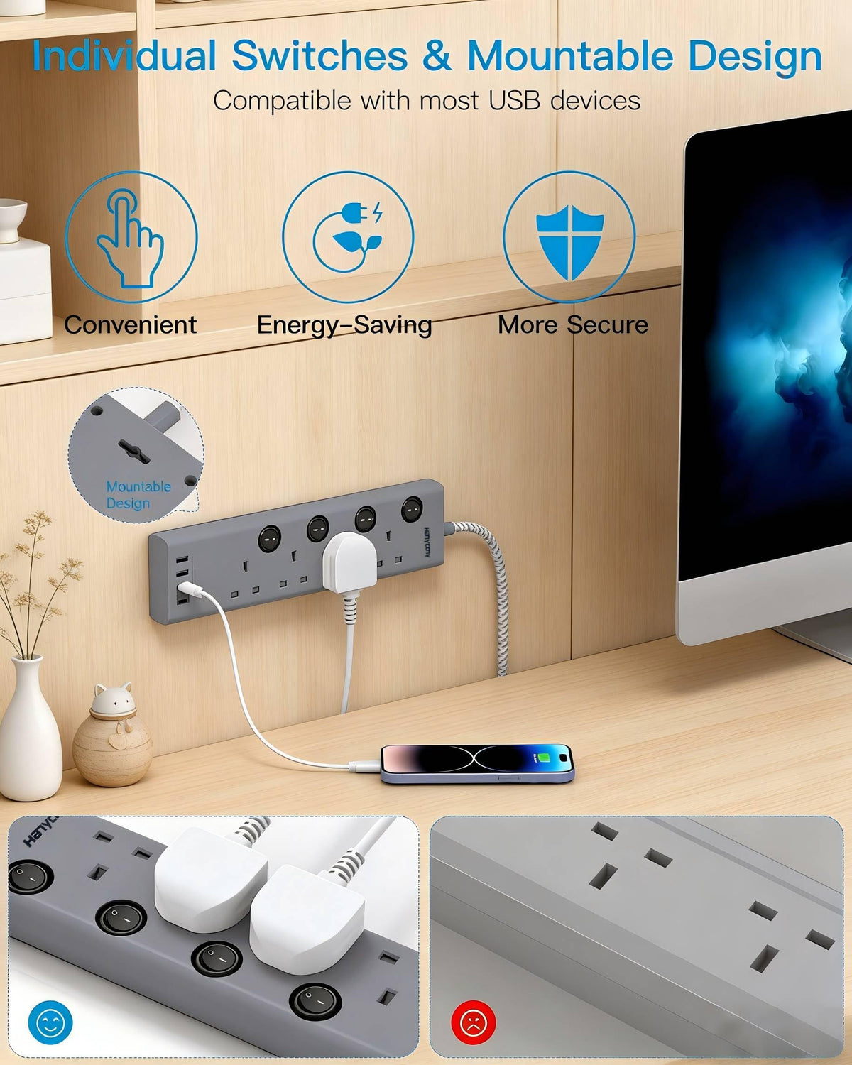 Extension Lead with USB Slots(2 USB C), 4 Way Plug Extension Socket, 1.8M