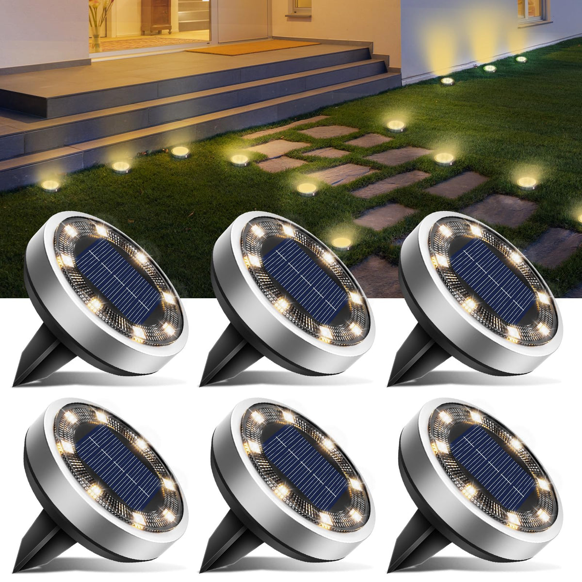 btfarm Solar Lights Outdoor Garden, 6 Pack 8 LED Solar Ground Disk Lights Outdoor IP65 Waterproof for Garden Pathway Lawn Patio Yard Landscape (Blue)