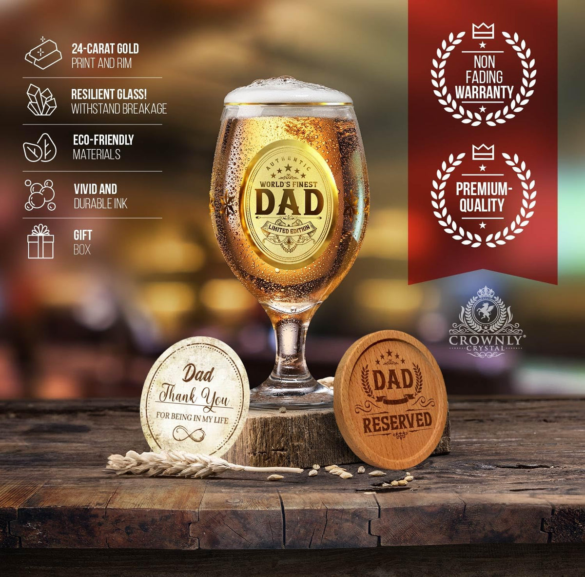 Crownly Crystal® Gold Birthday Gifts: Dad's Beer Glasses