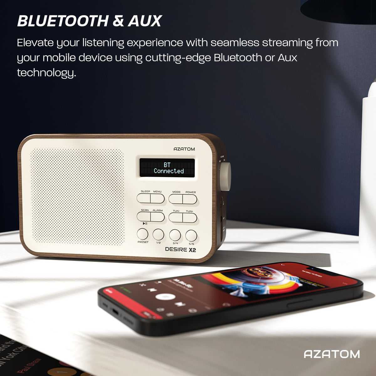 DAB/DAB+ & FM Portable Digital Radio | Simple Controls | Dual Alarms & Sleep Timer | Battery & Mains Powered (4x”AA”) | Bluetooth | Perfect for Home, Office or Outdoors | AZATOM Desire X2 (Black)