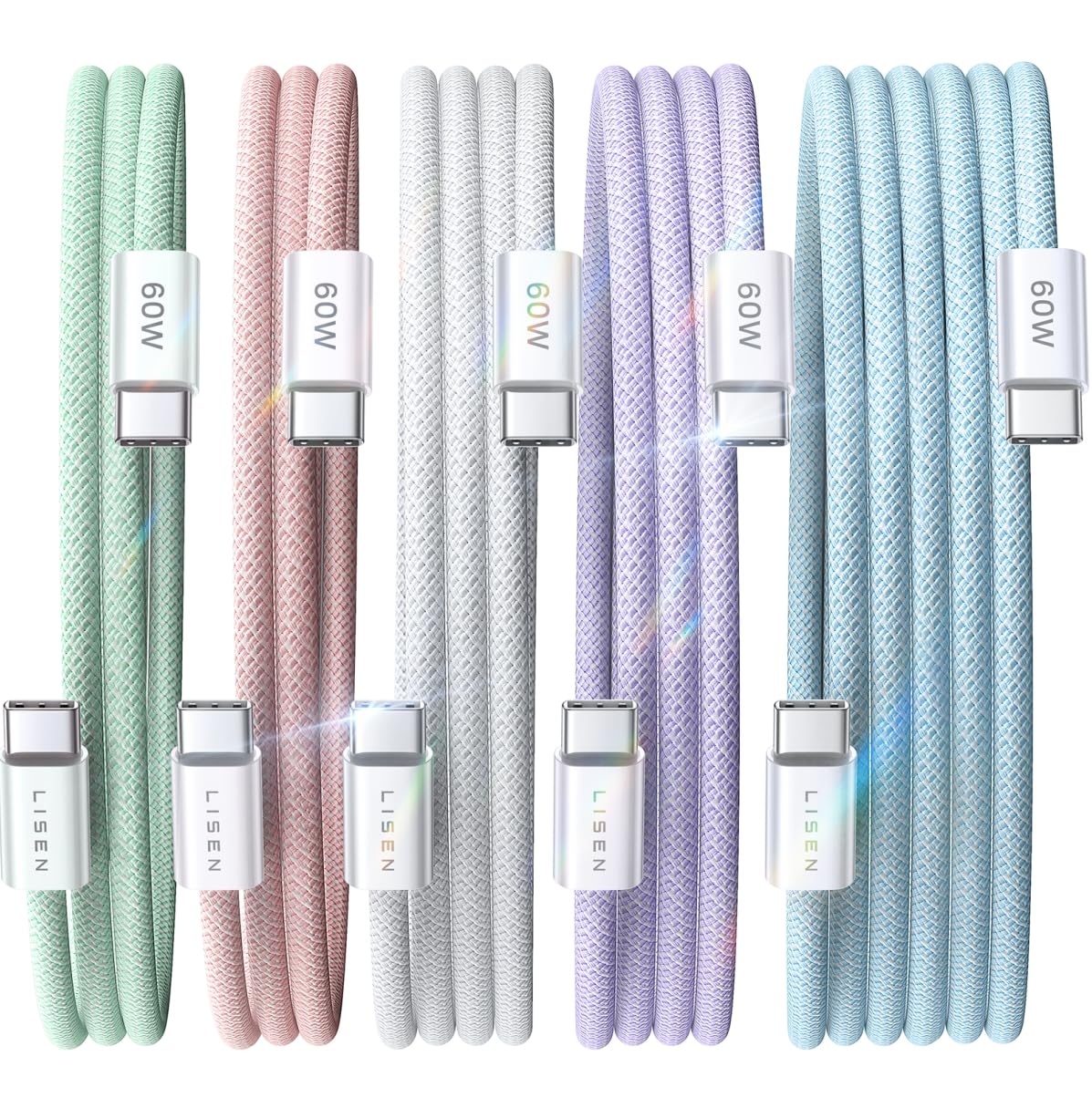 LISEN 60W for Samsung Type C 4-Pack [1M+1M+2M+2M] USB C Charger Cable for iPhone 15 Pro Max, iPad Pro/Air/Mini, Samsung S24, LG, Google Pixel