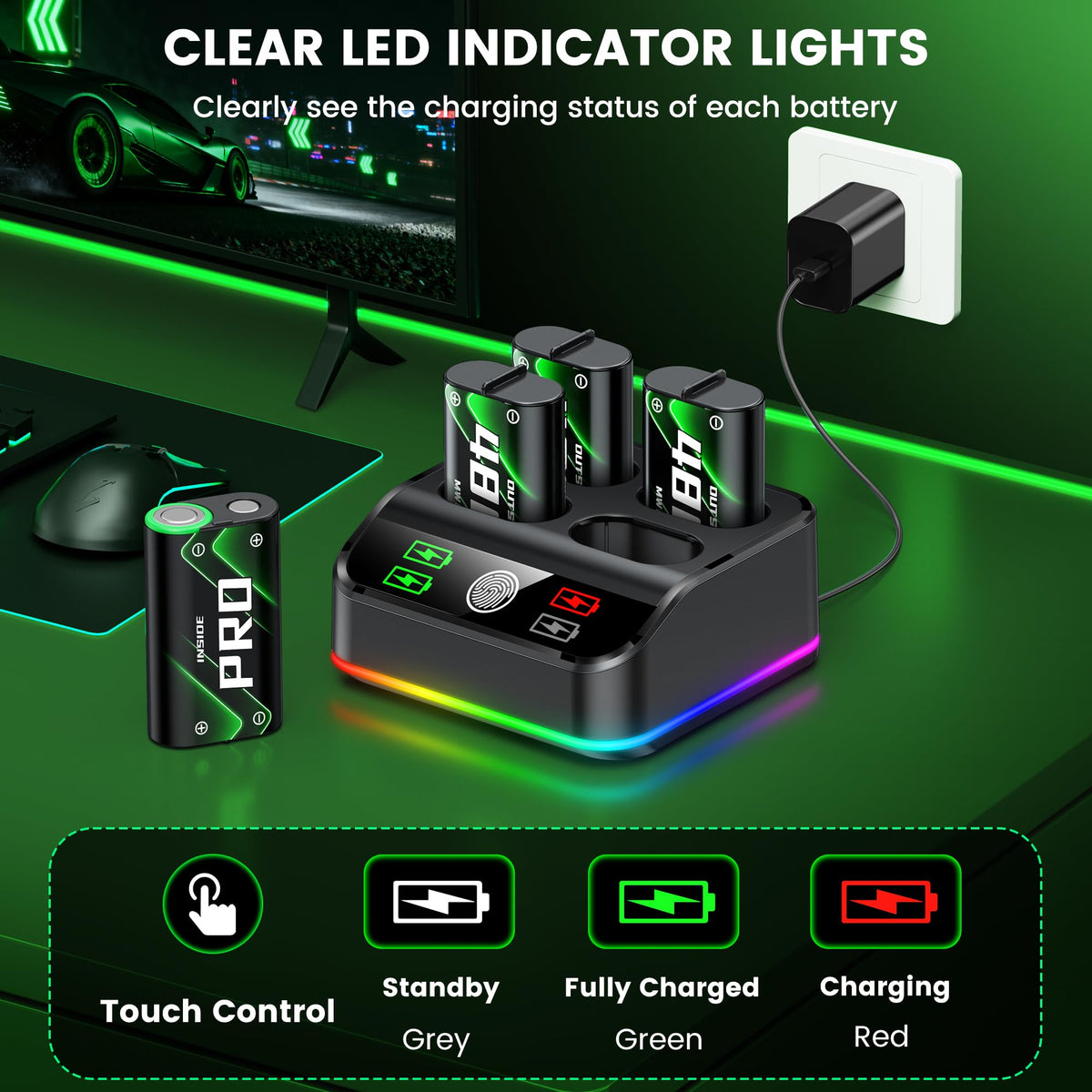 Rechargeable Battery Pack for Xbox One/Series Controller, 4x6200mWh Battery Pack with Charger/Cooling RGB/25H Playtime, Compatible with Xbox One/S/X/Elite 1, Series S/X Controller