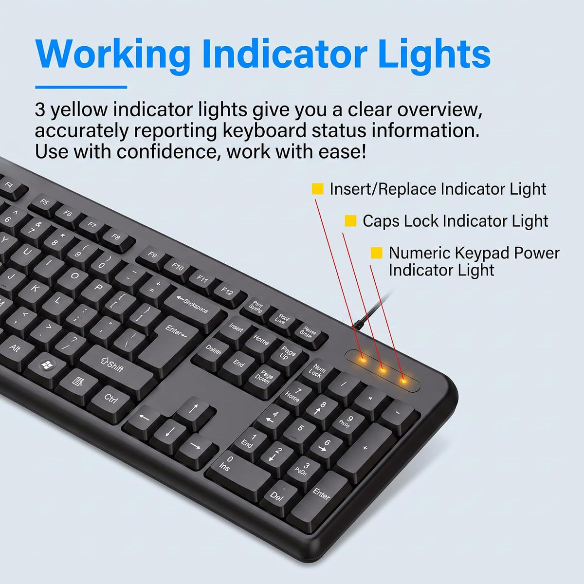 Wired Keyboard UK Layout, Full Size 105 Keys USB Computer Keyboard with Numeric Keypad, Quiet Typing Spill-Resistant Plug and Play PC Keyboard for Windows 11 10 Laptop Office Desktop, Black