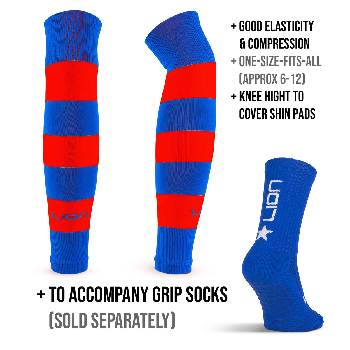 LION SPORTSWEAR Football Sock Sleeves To Accompany Grip Socks - Fits Over Calf/Shin Pads - Variety Of Colors To Match Your Team Kit