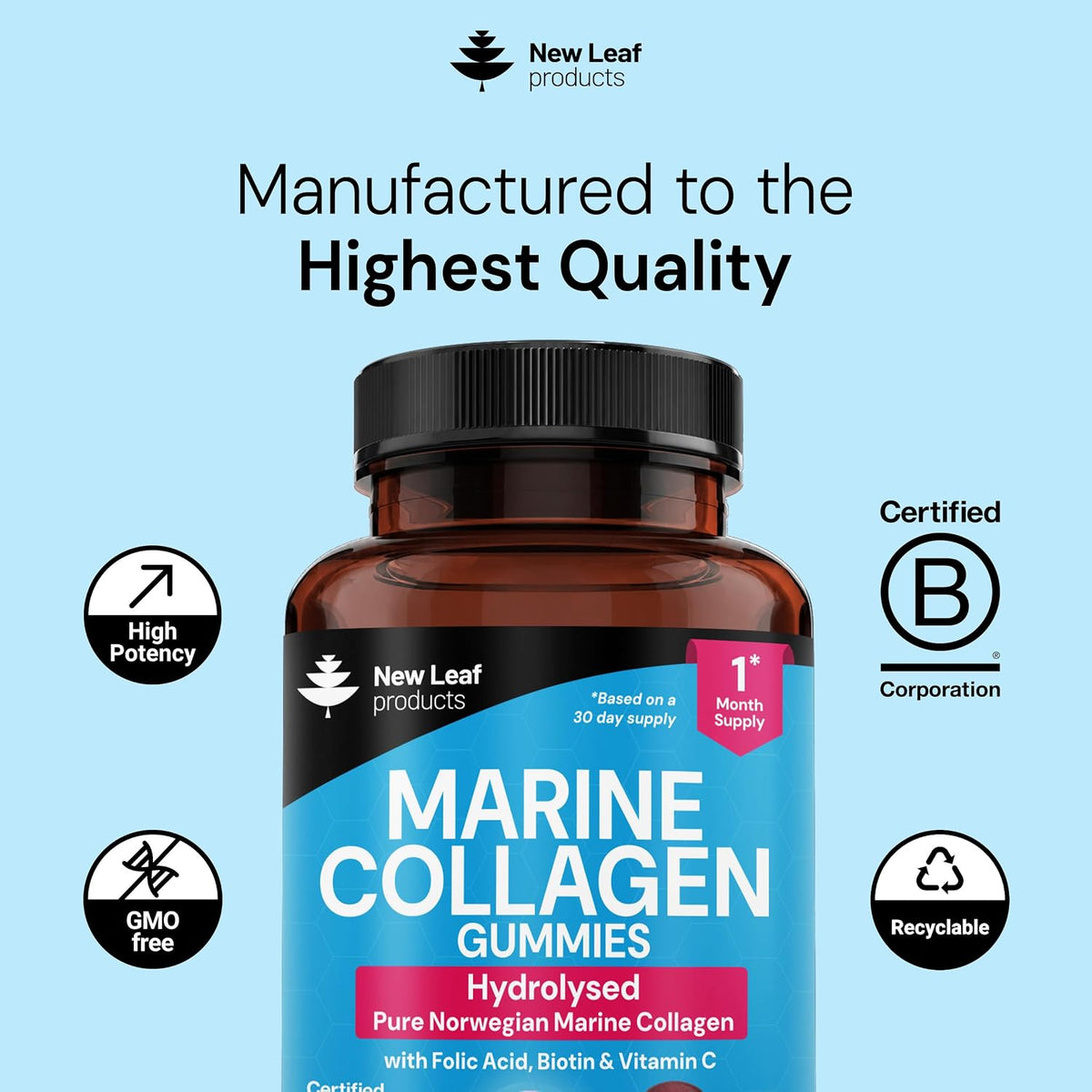 Marine Collagen Gummies for Women, 60 Gummies 1 Month Biotin, Folic Acid