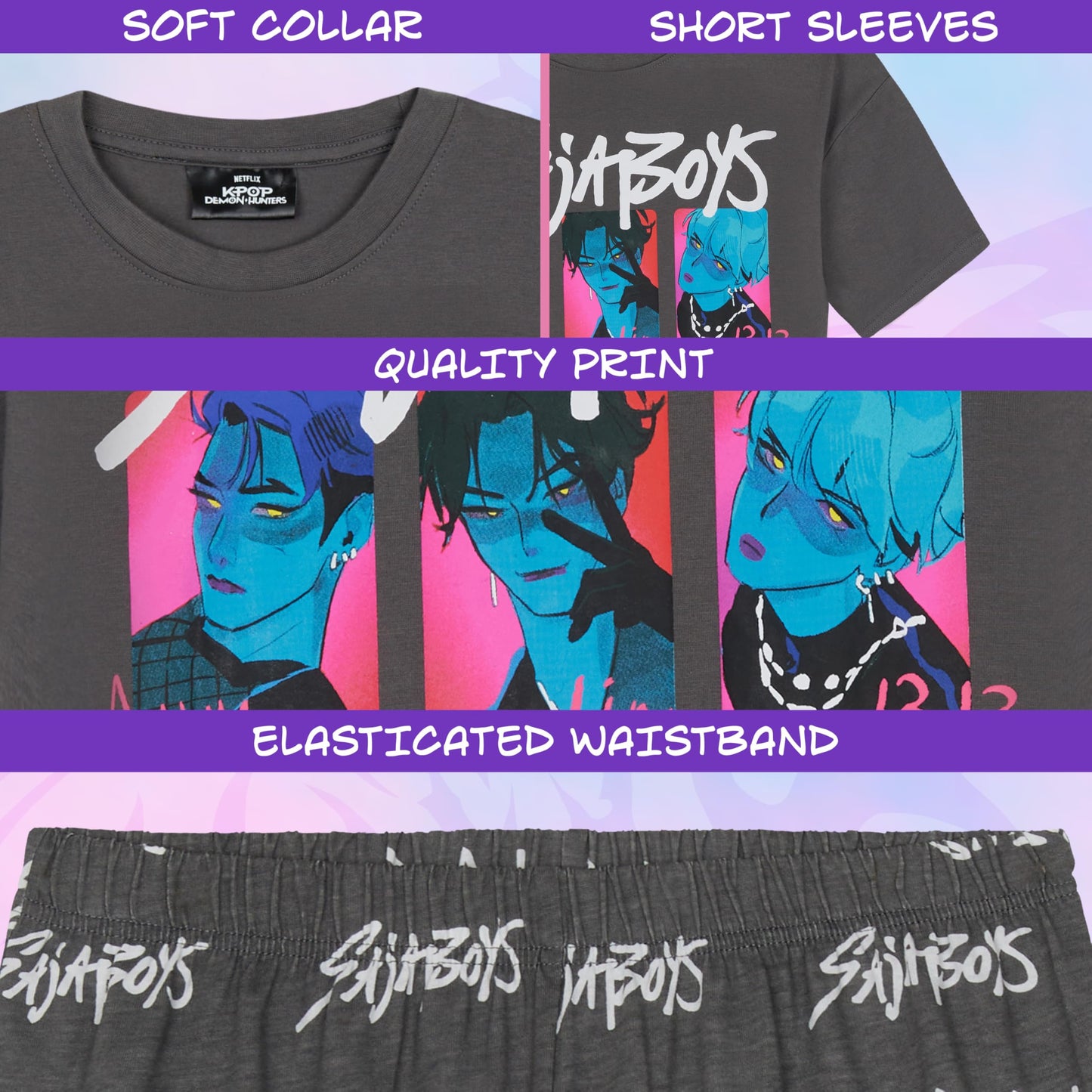 KPop Demon Hunters Official Girls Pyjama Set 5-14 Yrs, 2 Pcs Pjs Shorts & T-shirt, Huntrix Saja Boys Derpy Tiger Merch Gifts