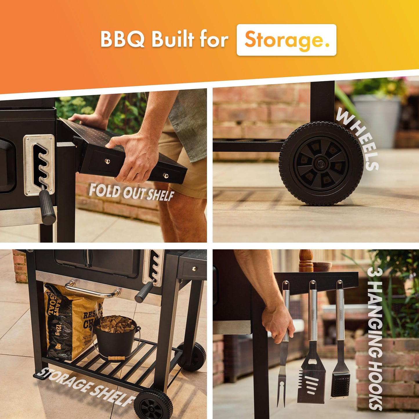 VonHaus Charcoal BBQ – XL Portable Barbecue with Warming Rack, Fold Down Shelves, Temperature Gauge, Wheels, Cooking Grill, Air Vents – 2 in 1 Barbeque and Smoker – Grill Meat, Fish & Vegetables