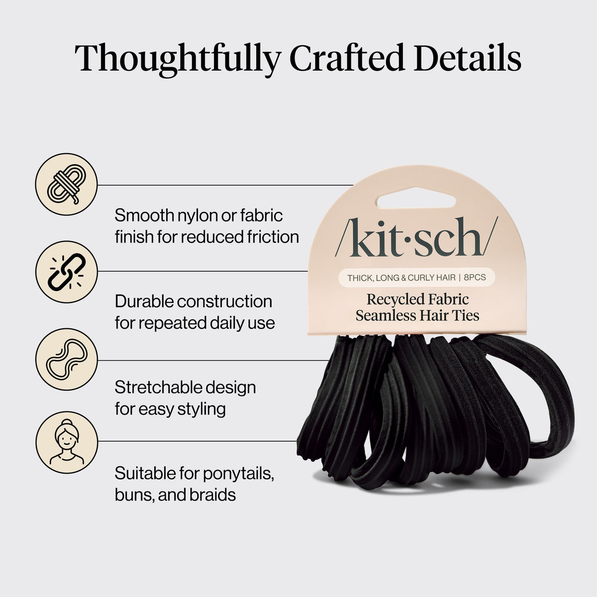 Kitsch Soft Nylon Hair Ties No Damage 6pcs - Black