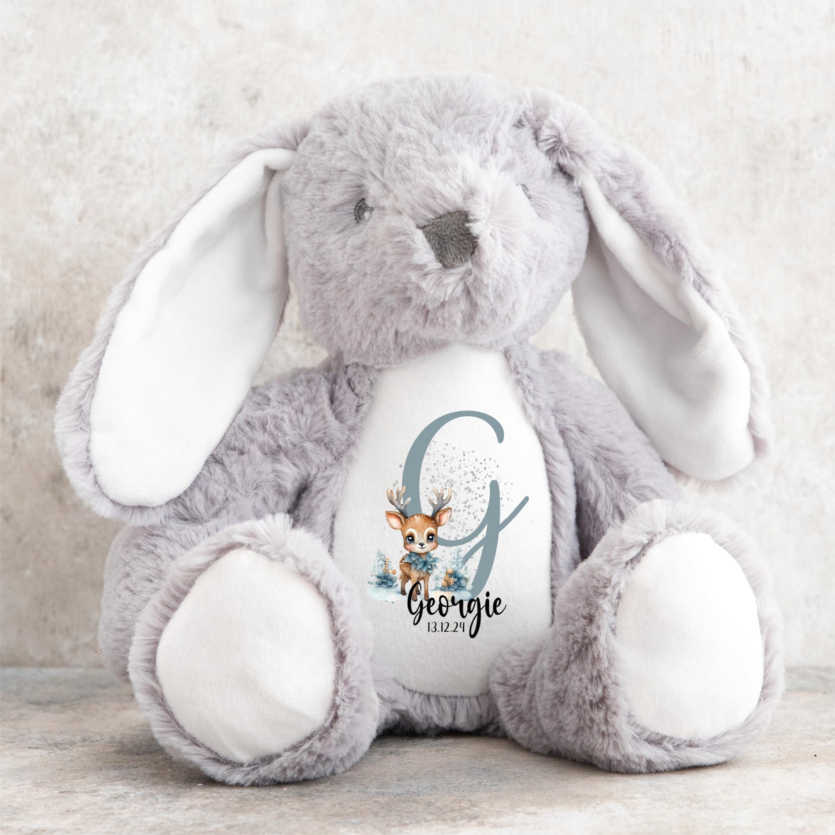 Crafted Memories - Personalised Teddy | Velveteen Bunny Soft Toy | Customisable Name for Newborns | Keepsake for Boys & Girls | Baby Shower Item | Pink Initial | Grey or White, 20-23cm