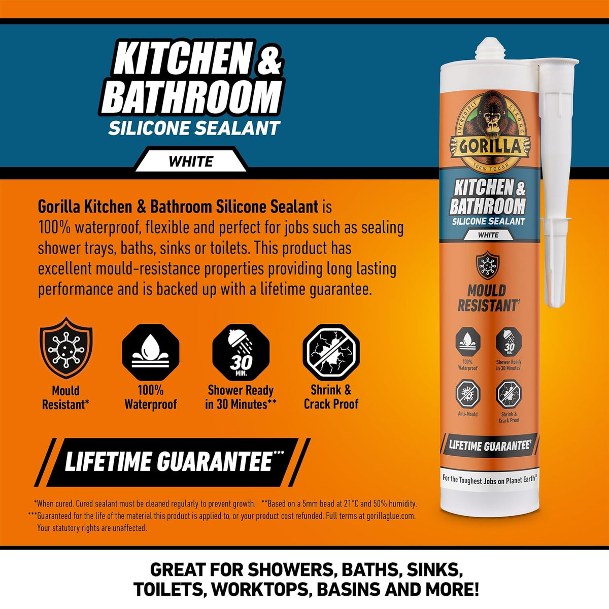 Gorilla Kitchen & Bathroom White Silicone Sealant, 295ml – Mould Resistant, 100% Waterproof Sealant, Shower Ready in 30 Minutes, Shrink & Crack Proof | Use on Showers, Baths, Sinks, Toilets & More