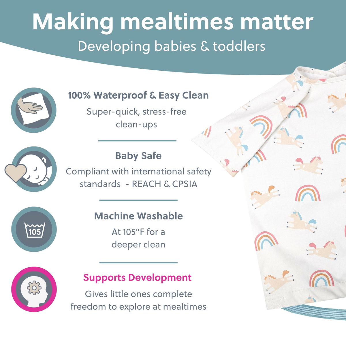 BIBaDO Long Sleeve Baby Bibs - Coverall Weaning Bib with Highchair Strap