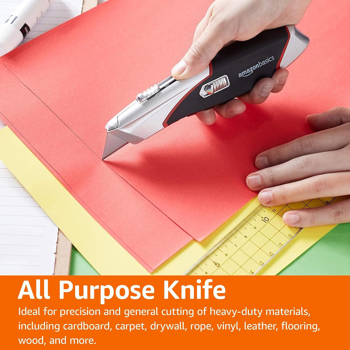 Amazon Basics Heavy Duty Retractable Auto-Load Ergonomic Utility Knife 3-Position Locking Blade with 4 Replaceable Blades in Designed Storage, Black/Silver
