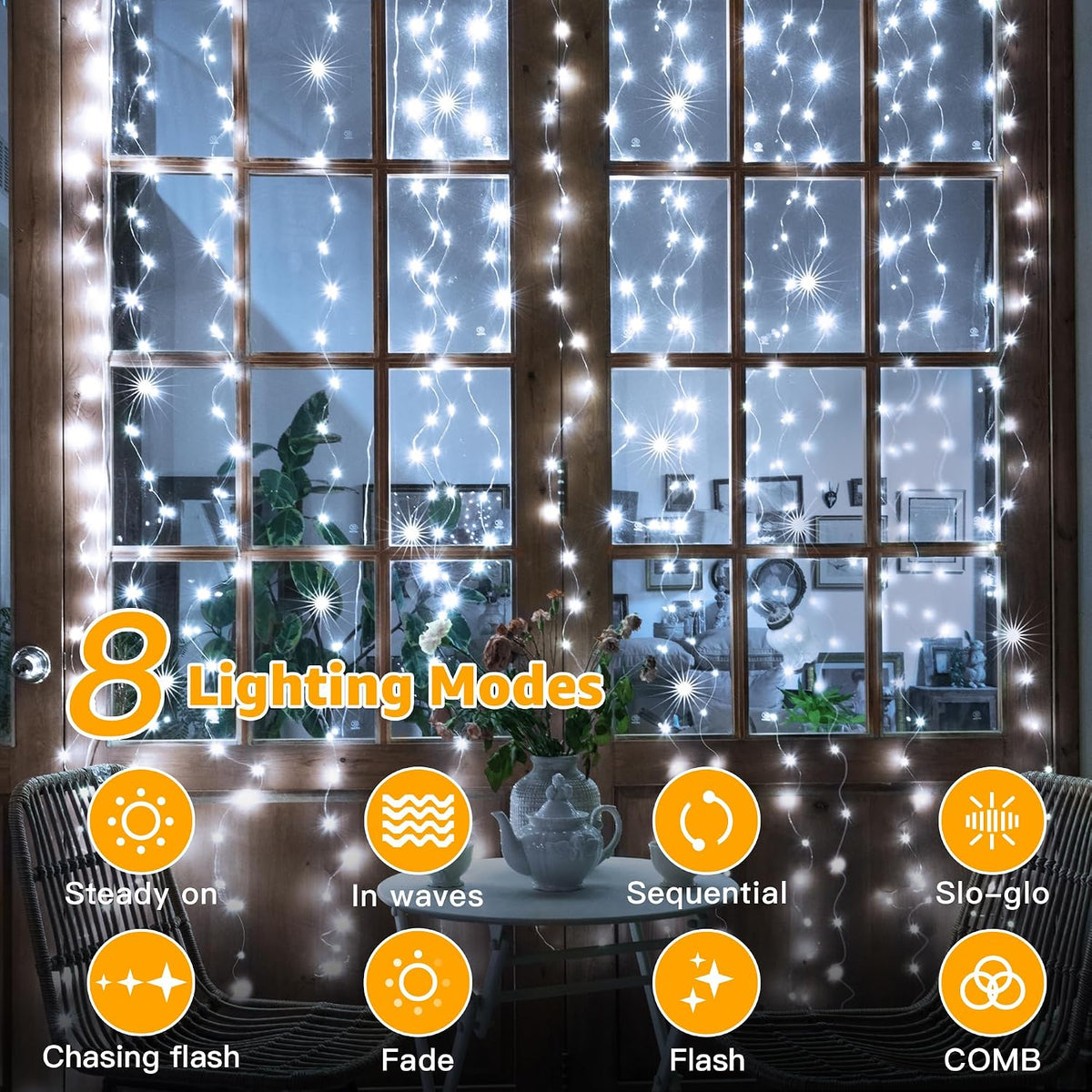 Ollny Curtain Fairy Lights, 300LED 3mx3m Waterfall Hanging String Lights