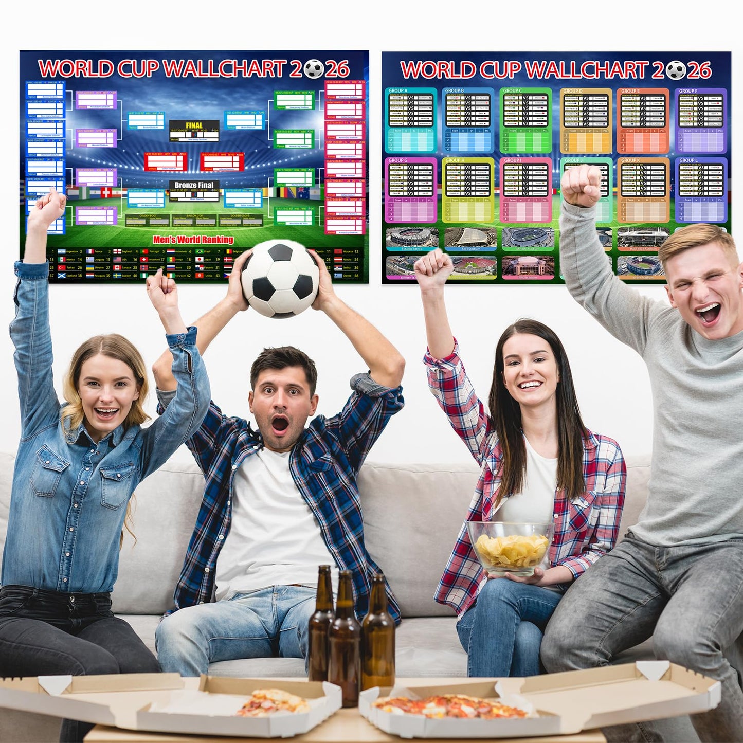 Aurblyn 11 Pcs World Cup Football 2026 Tournament Fixtures Folded Poster Handwritten Watercolour Pen World 8adhesive Backing 87x58cm For Bedroom For Men and Women Gifts for Fans (Background -4)