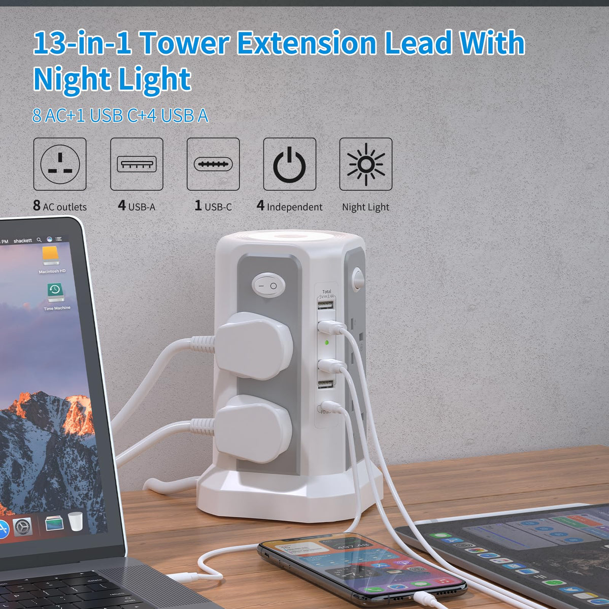 HAFINO Tower Extension Lead 3M with USB Slots and Night Light, 4 Switches