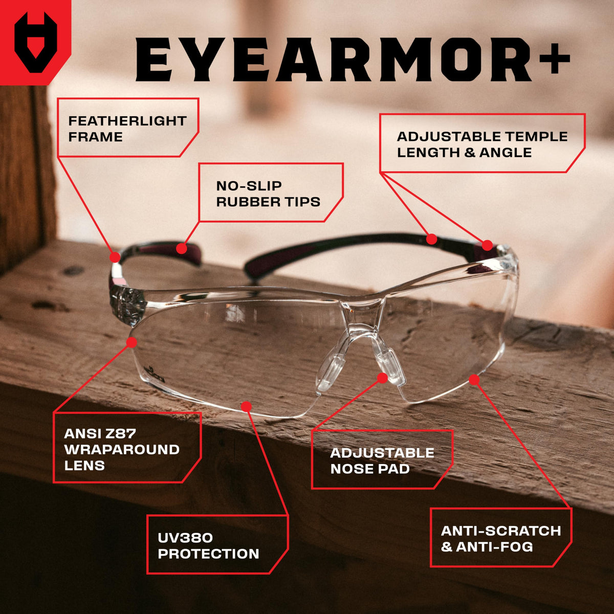 NoCry Clear Safety Glasses for Work with Anti Fog Scratch Resistant Wrap-Around Lenses and Non-Slip Grips, UV Protection. Adjustable Eye Protection Cycling and Squash Glasses with Black & Green Frames