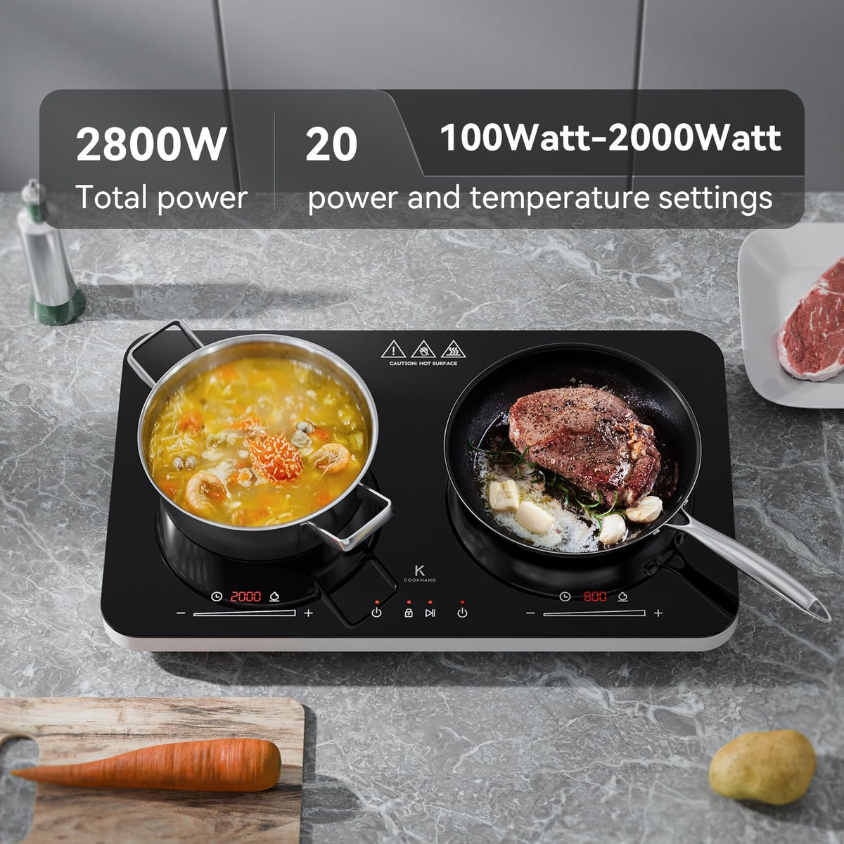 Induction Hob 2 Plates, Double Induction cooktop Independent Control 2800 W, 20 Power and Temperature Settings, 6-Hour Timer, Portable Induction Hob, Children's Lock