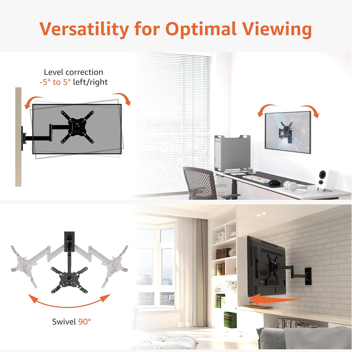 Amazon Basics TV Wall Mount, Full Motion Swivelling Tilting TV Bracket for 12-40 Inch Flat and Curved TV or Monitor up to 36 kg, Max VESA 200x200 mm, Black