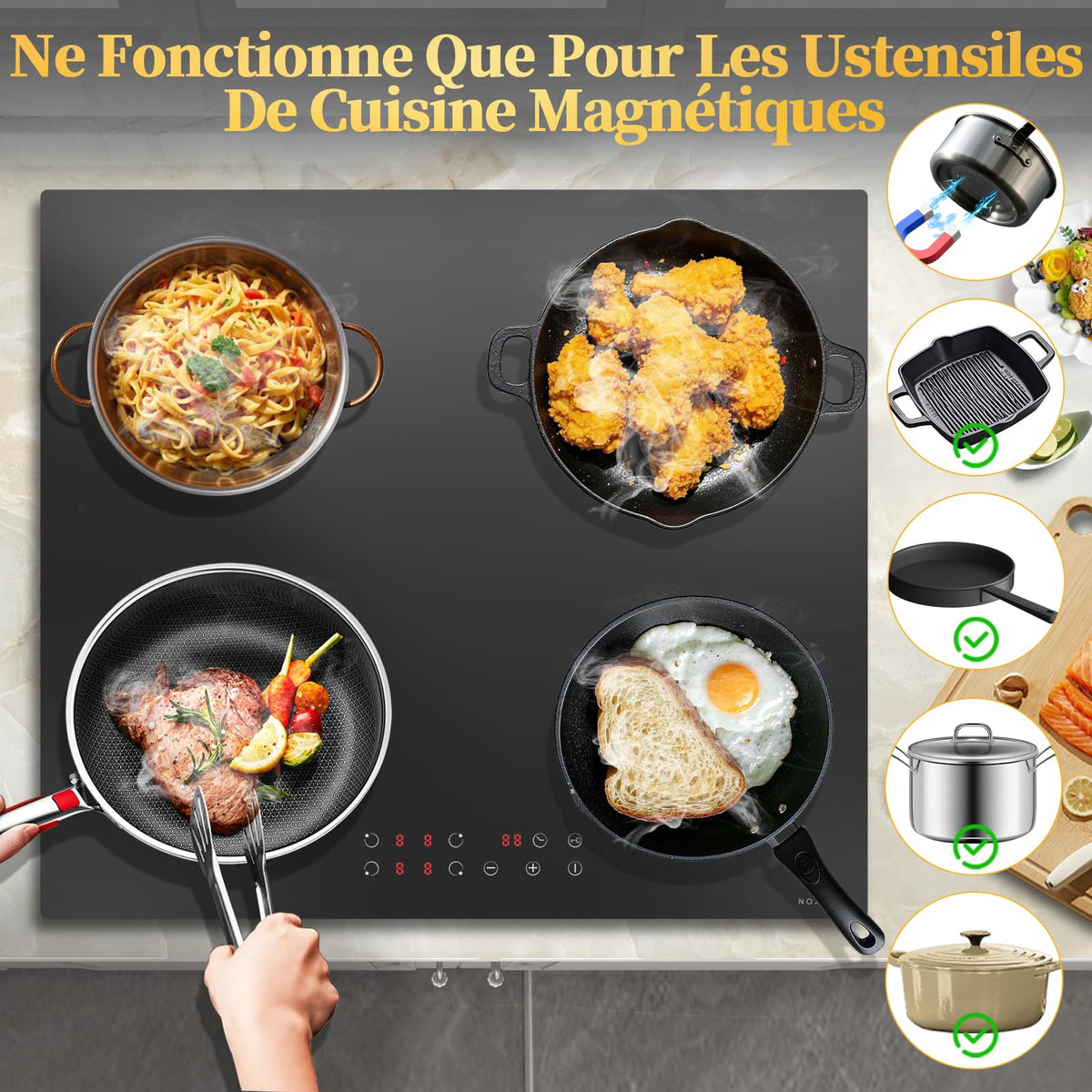 Noxton Plug in Induction Hob, 4 Zones Electric Hob 60cm, Touch Control with Child Safety Lock,UP to 99 Min Timer Black Crystal Glass