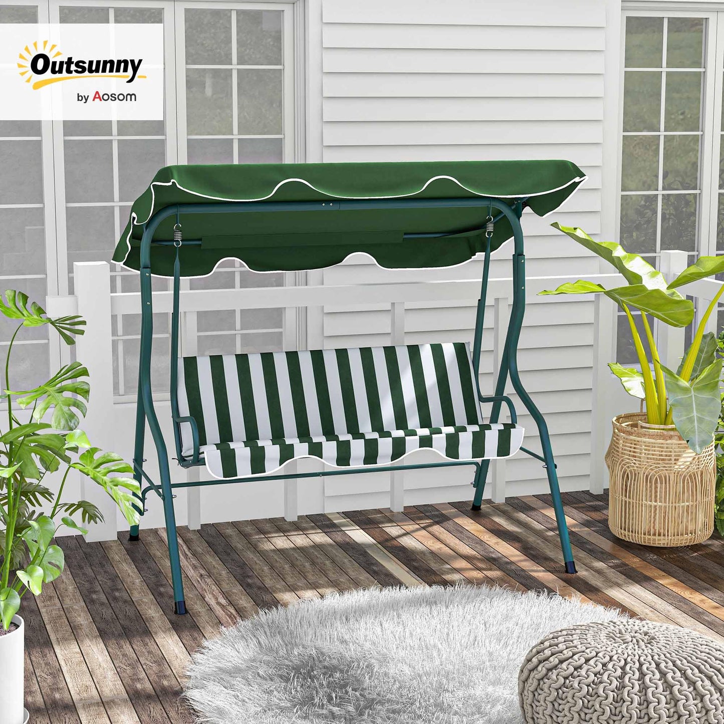 Outsunny 3 Seater Canopy Swing Chair Outdoor Garden Bench with Adjustable Canopy and Metal Frame - Blue Stripes