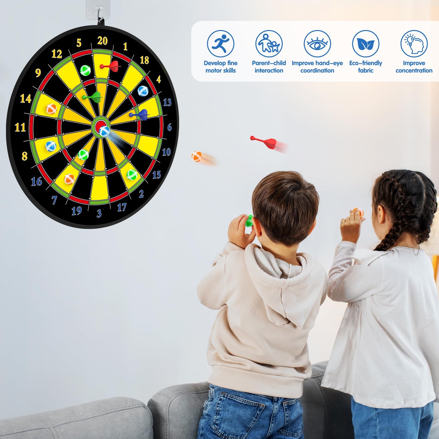 Kids Dart Board Set,Double Sided Dart Board,12 Sticky Balls,6 Darts,Indoor & Outdoor Party Games Toys Gifts for 3 4 5 6 7 8 9 10 11 12+ Year Old Boys Girls Adult