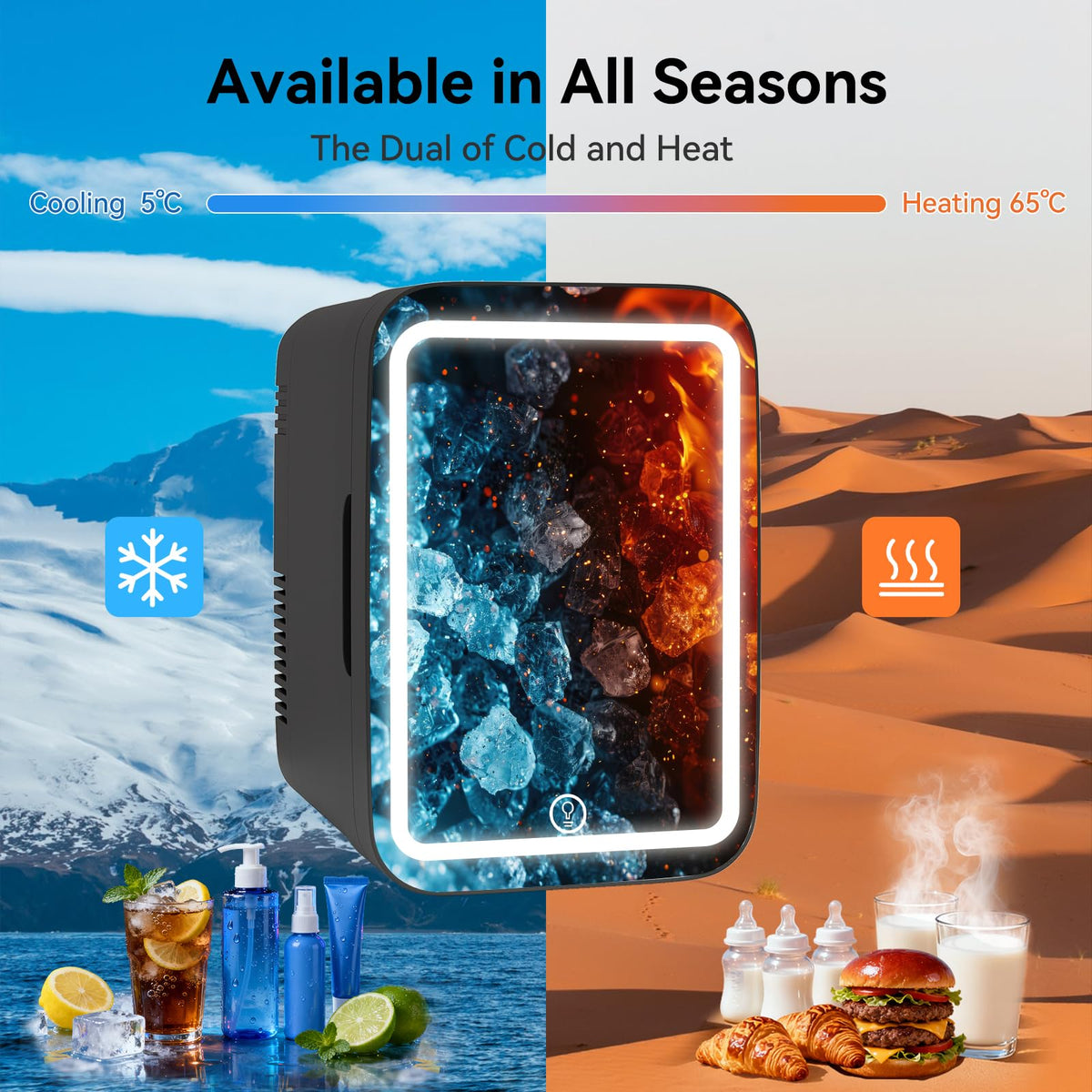 4 Liter Mini Fridge with Dimmable LED Mirror, AC/DC Skincare Fridge