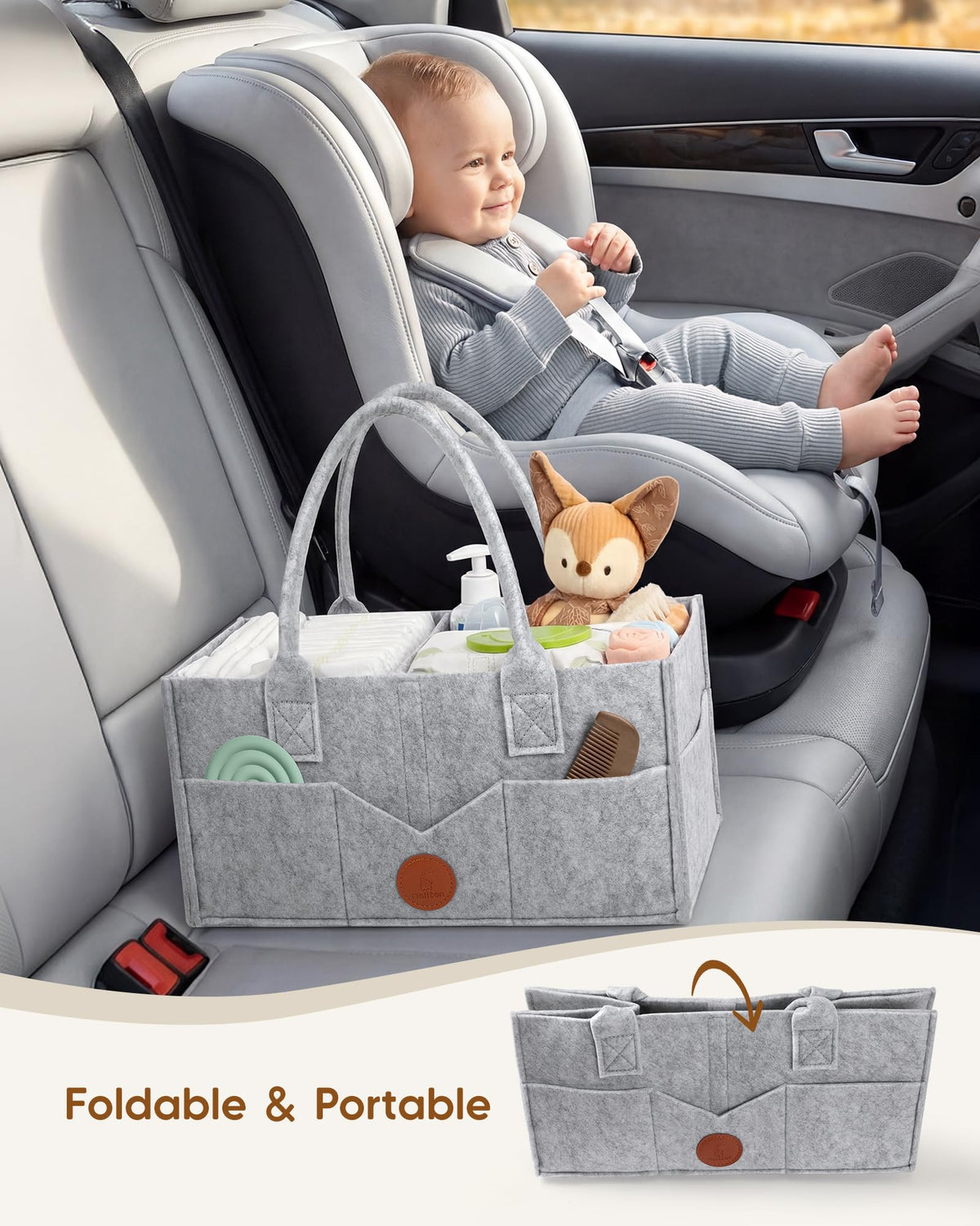 Maliton Nappy Caddy Organiser with 8 Pockets & Removable Dividers (Khaki)