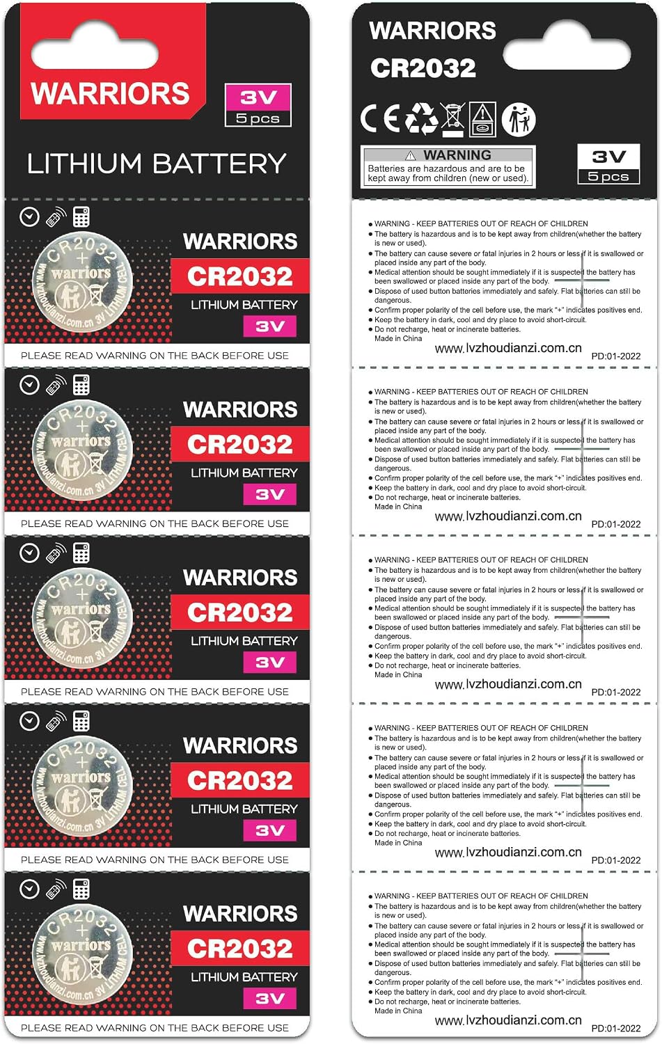 Warriors 5X CR2032 Batteries, 3V 240mAh Lithium Coin Batteries
