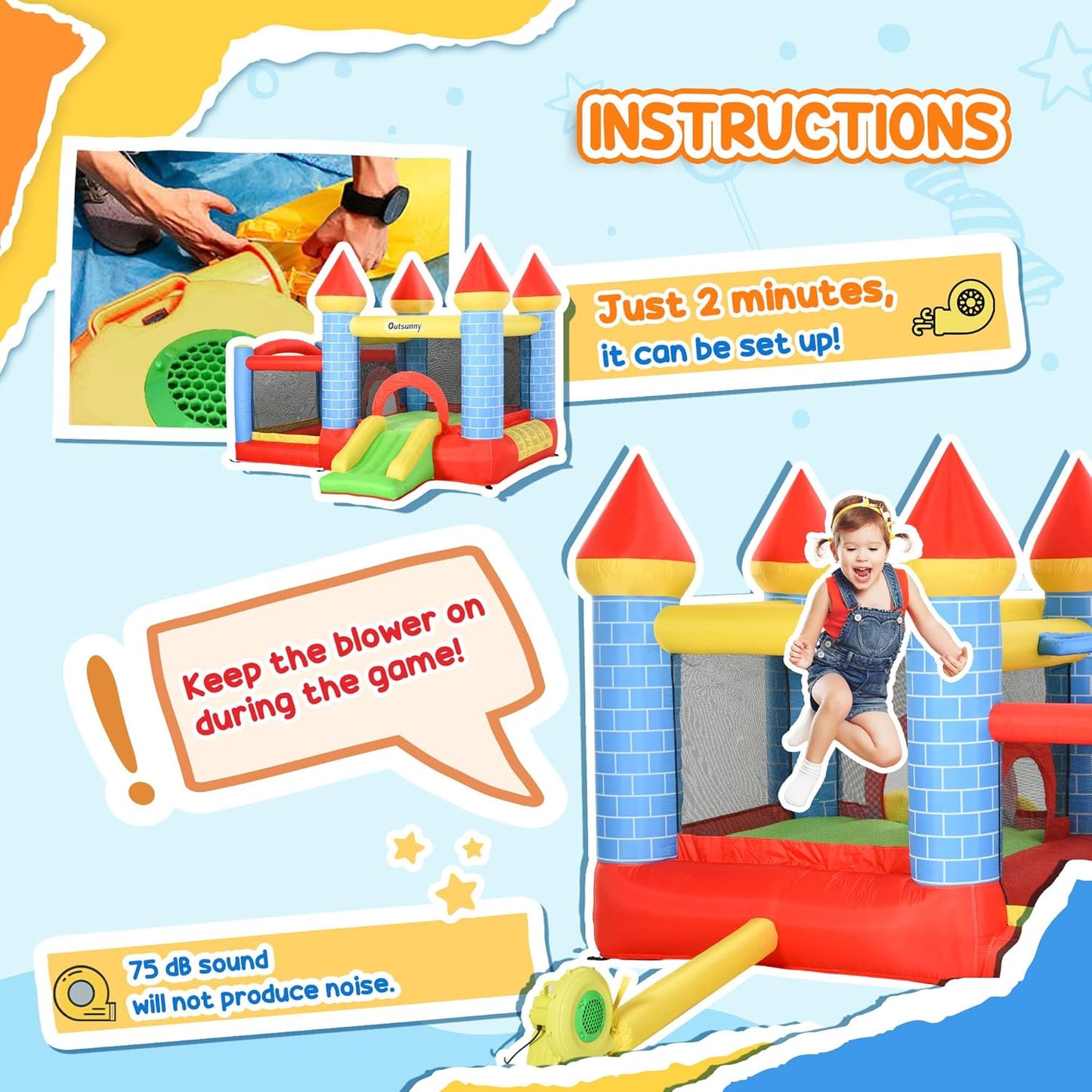 Outsunny 4-in-1 Kids Bouncy Castle with Slide, Pool, Trampoline & Basketball Hoop — Ages 3-8