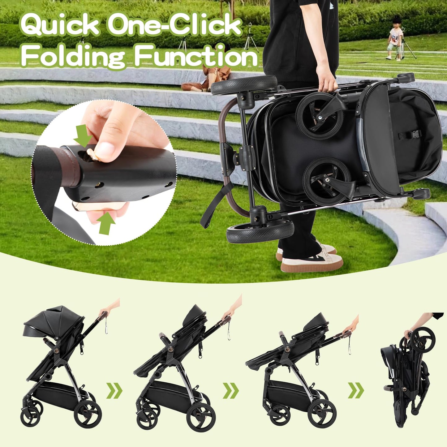 Baby Stroller 3 in 1,Travel Pushchair's Lie-Flat Pram is Foldable, Stroller System Handle is Adjustable, The Wheels are Made of PU Material, Suitable for 0-3 Years-Khaki