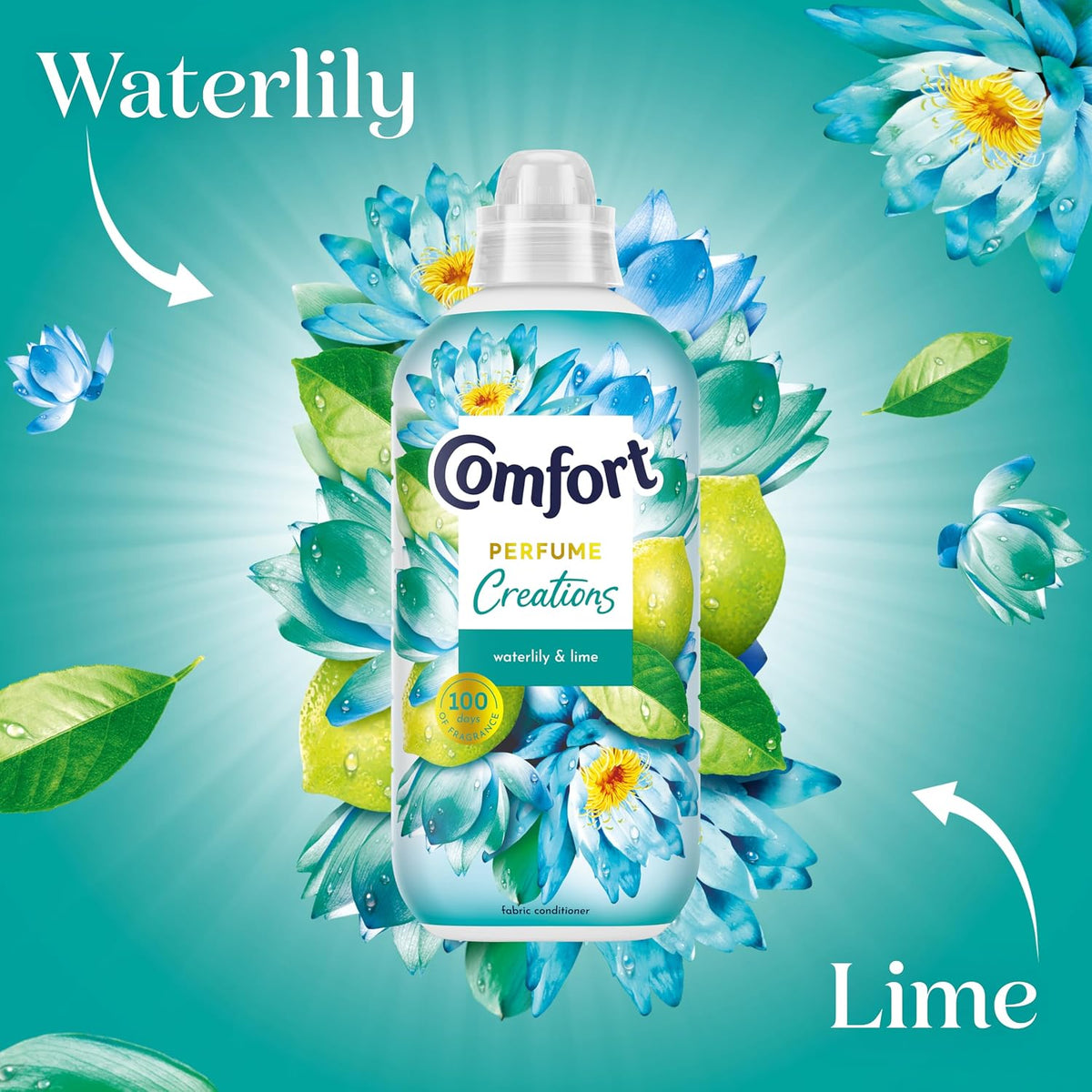 Comfort Waterlily & Lime Fabric Conditioner with Stay Fresh technology for 100 days of freshness + fragrance* 8x 900 ml (240 washes)